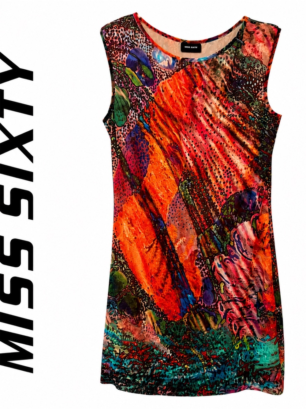 Miss Sixty Designer Abstract Print Shoulder Pad Dress | Colorful Statement Piece